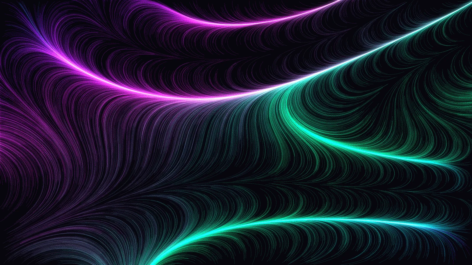 Glowing violet, magenta and teal ribbons of light flowing across a dark field